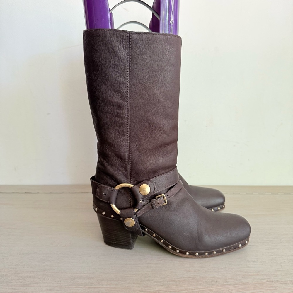 Miu Miu Brown Heeled Boots with Gold Accents